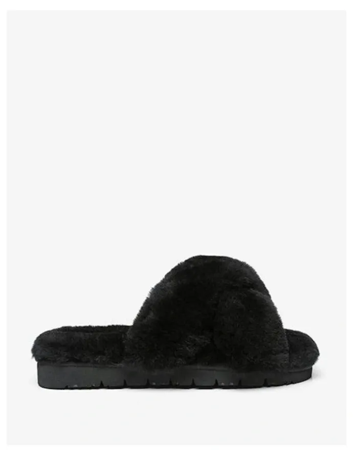 Ever AU Leanna Fluffy Cross Straps Slide in Black