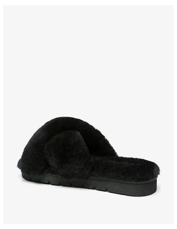 Ever AU Leanna Fluffy Cross Straps Slide in Black
