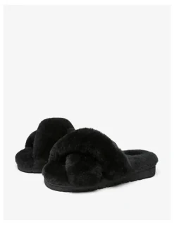 Ever AU Leanna Fluffy Cross Straps Slide in Black