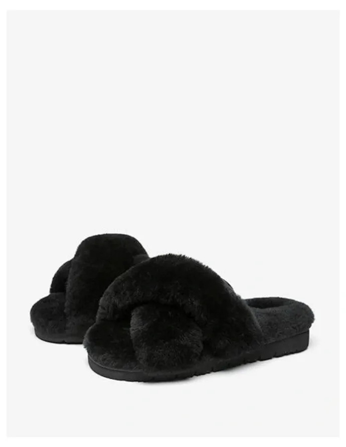 Ever AU Leanna Fluffy Cross Straps Slide in Black