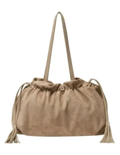 Every Other DRAWSTRING TASSLE SHOULDER BAG IN SAND FAUX SUEDE