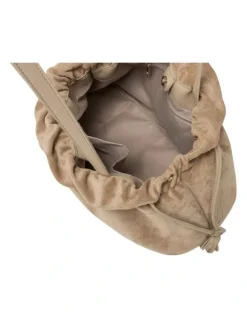 Every Other DRAWSTRING TASSLE SHOULDER BAG IN SAND FAUX SUEDE
