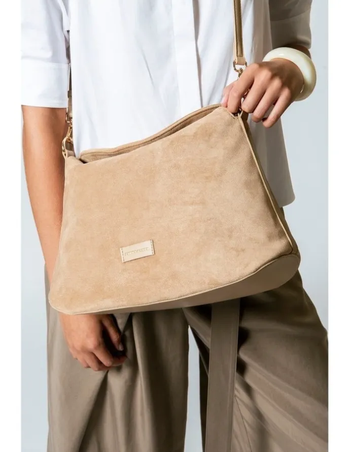 Every Other FOLD TOP SHOULDER IN SAND FAUX SUEDE