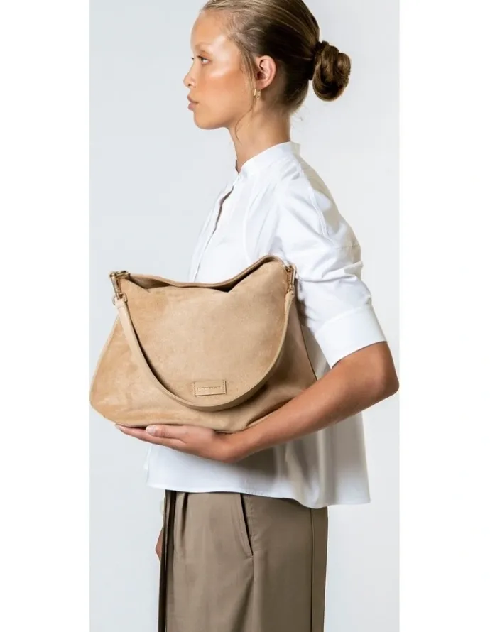 Every Other FOLD TOP SHOULDER IN SAND FAUX SUEDE