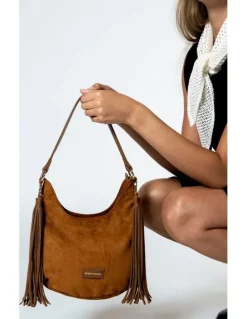 Every Other LARGE SCOOP TOP TASSLE BAG IN TAN FAUX SUEDE