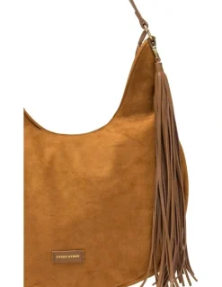 Every Other LARGE SCOOP TOP TASSLE BAG IN TAN FAUX SUEDE