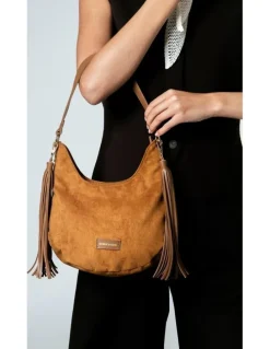 Every Other LARGE SCOOP TOP TASSLE BAG IN TAN FAUX SUEDE