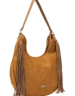 Every Other LARGE SCOOP TOP TASSLE BAG IN TAN FAUX SUEDE