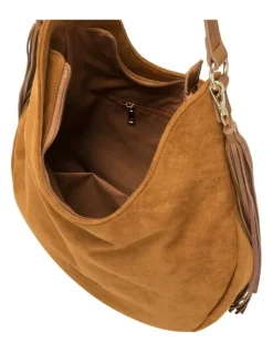 Every Other LARGE SCOOP TOP TASSLE BAG IN TAN FAUX SUEDE