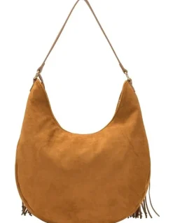 Every Other LARGE SCOOP TOP TASSLE BAG IN TAN FAUX SUEDE