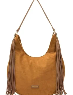 Every Other LARGE SCOOP TOP TASSLE BAG IN TAN FAUX SUEDE