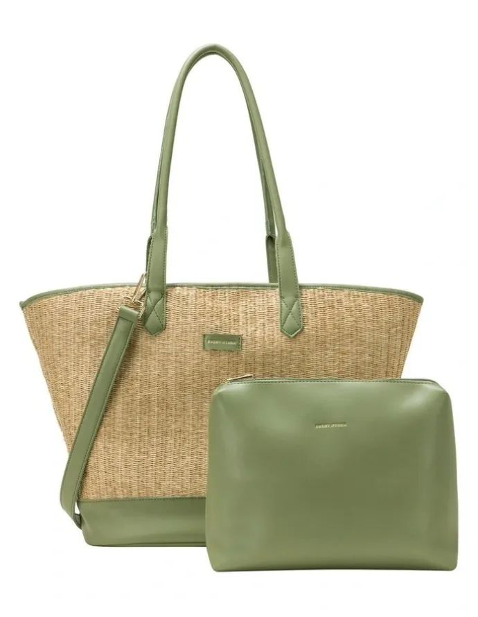 Every Other LARGE STRAW TOTE IN NATURAL STRAW WITH OLIVE TRIM