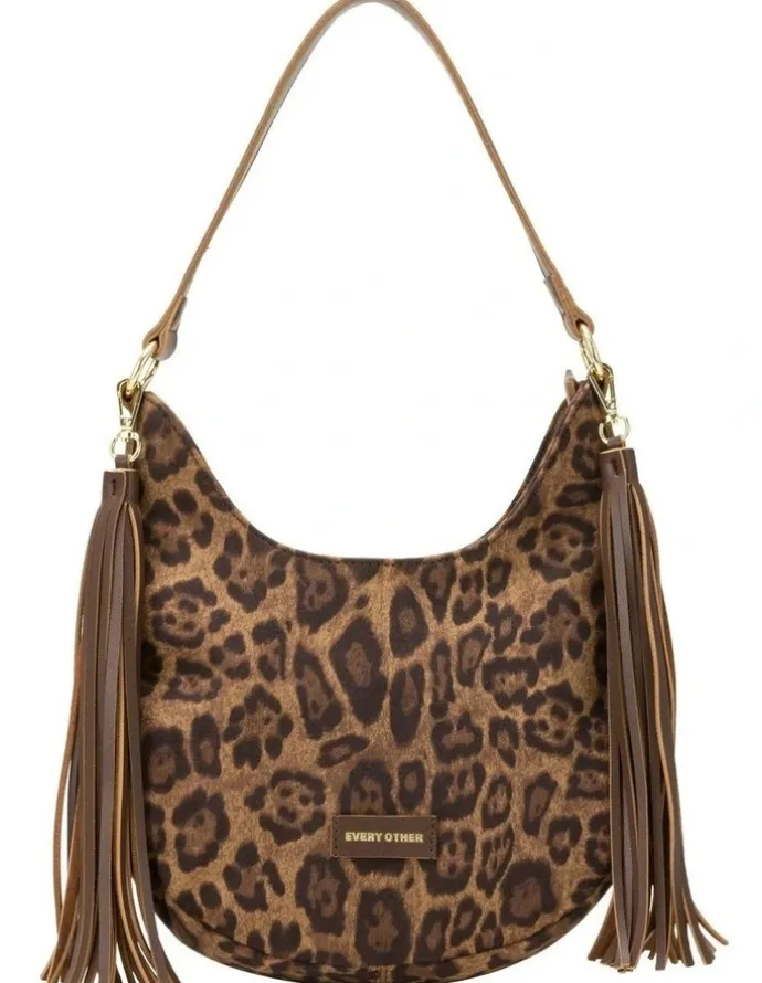 Every Other MEDIUM SCOOP TOP TASSLE BAG IN LEOPARD