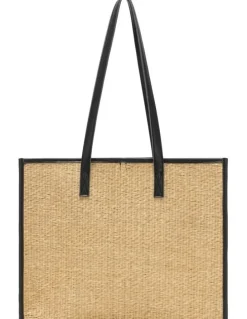 Every Other STRAW BOX TOTE BAG IN NATURAL STRAW WITH BLACK TRIM