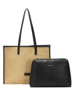 Every Other STRAW BOX TOTE BAG IN NATURAL STRAW WITH BLACK TRIM
