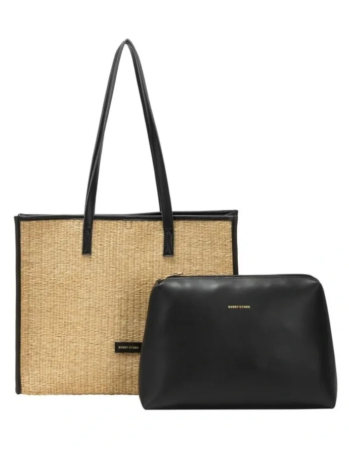Every Other STRAW BOX TOTE BAG IN NATURAL STRAW WITH BLACK TRIM