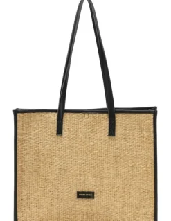 Every Other STRAW BOX TOTE BAG IN NATURAL STRAW WITH BLACK TRIM