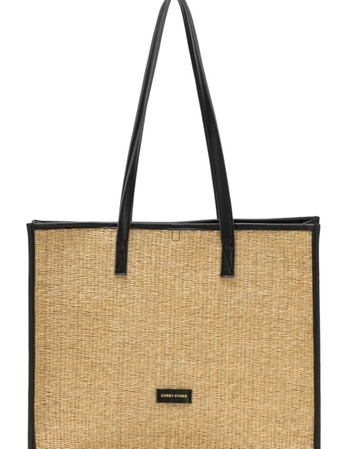 Every Other STRAW BOX TOTE BAG IN NATURAL STRAW WITH BLACK TRIM
