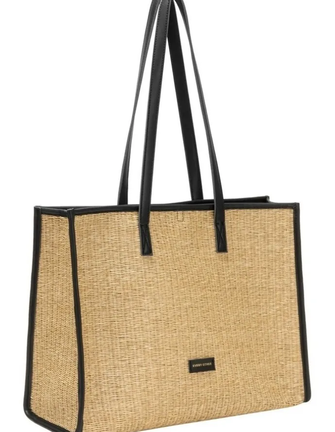 Every Other STRAW BOX TOTE BAG IN NATURAL STRAW WITH BLACK TRIM