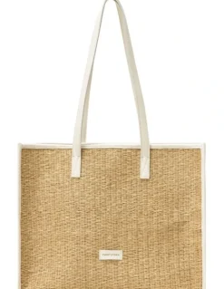 Every Other STRAW BOX TOTE BAG IN NATURAL STRAW WITH WHITE TRIM