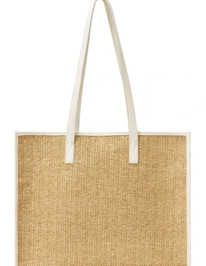 Every Other STRAW BOX TOTE BAG IN NATURAL STRAW WITH WHITE TRIM