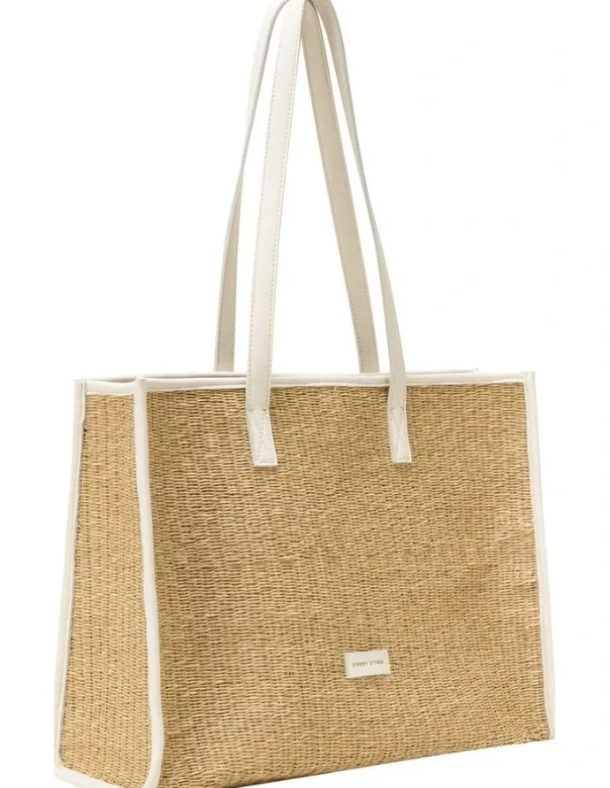 Every Other STRAW BOX TOTE BAG IN NATURAL STRAW WITH WHITE TRIM