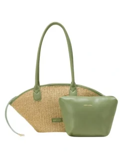 Every Other STRAW CURVE TOP SHOULDER BAG IN NATURAL STRAW WITH OLIVE TRIM
