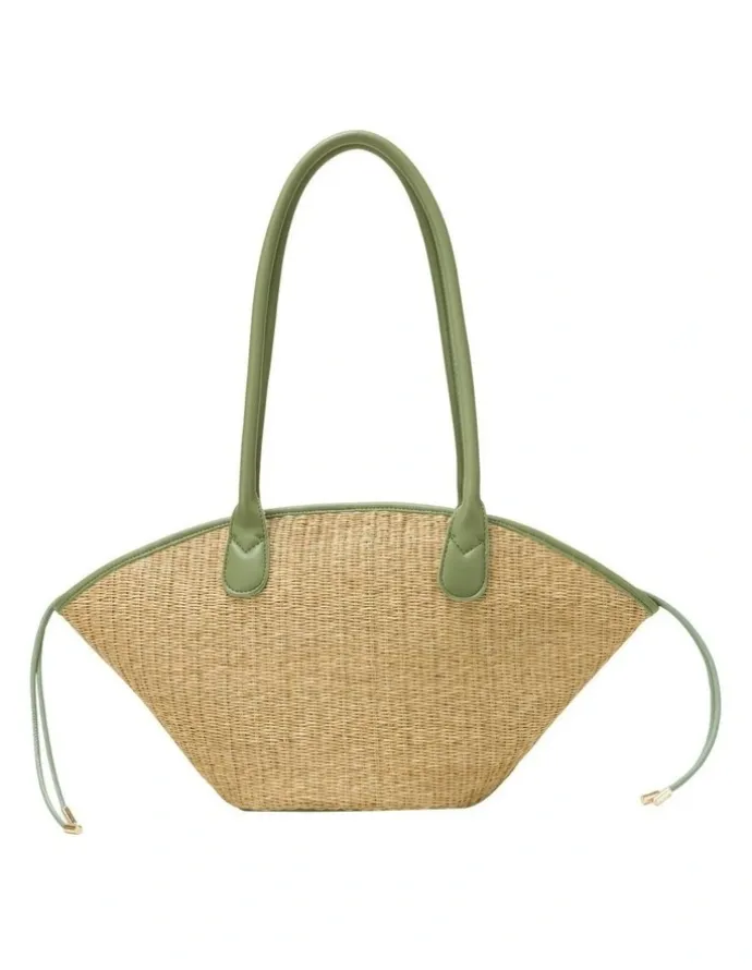 Every Other STRAW CURVE TOP SHOULDER BAG IN NATURAL STRAW WITH OLIVE TRIM
