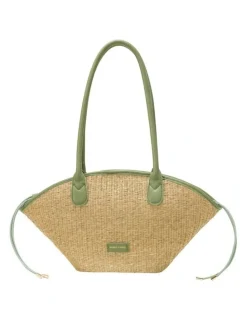 Every Other STRAW CURVE TOP SHOULDER BAG IN NATURAL STRAW WITH OLIVE TRIM