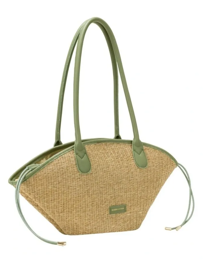 Every Other STRAW CURVE TOP SHOULDER BAG IN NATURAL STRAW WITH OLIVE TRIM