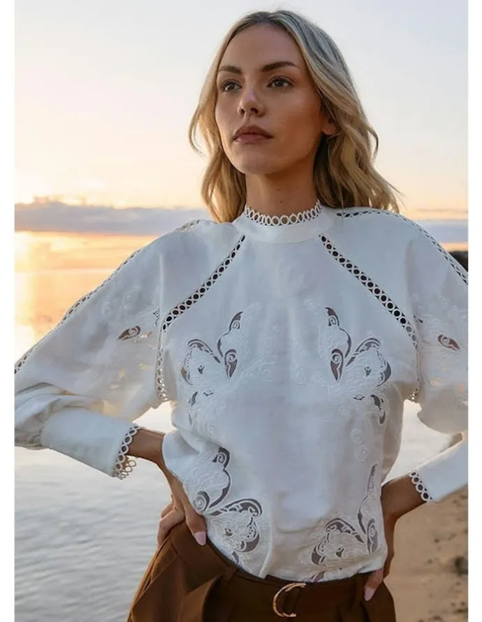 Fate & Becker Aven Embroidered Blouse in White