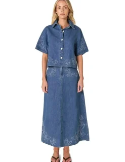 Fate & Becker Sloane Embroidered Denim Skirt in Mid Blue