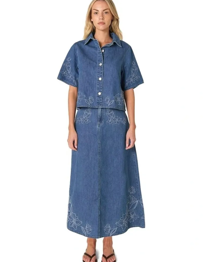 Fate & Becker Sloane Embroidered Denim Skirt in Mid Blue