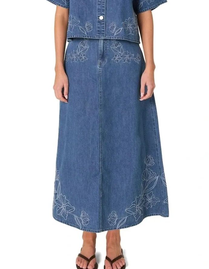 Fate & Becker Sloane Embroidered Denim Skirt in Mid Blue