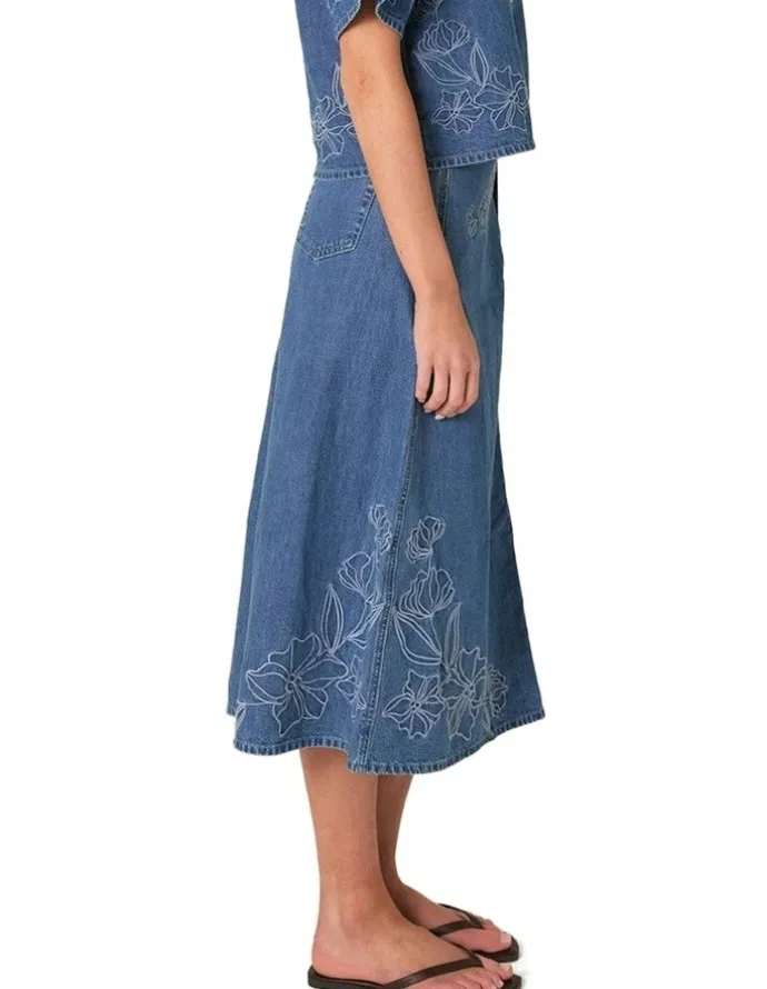Fate & Becker Sloane Embroidered Denim Skirt in Mid Blue