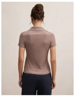 Forever New Aaliyah Ribbed Polo Top in Brown