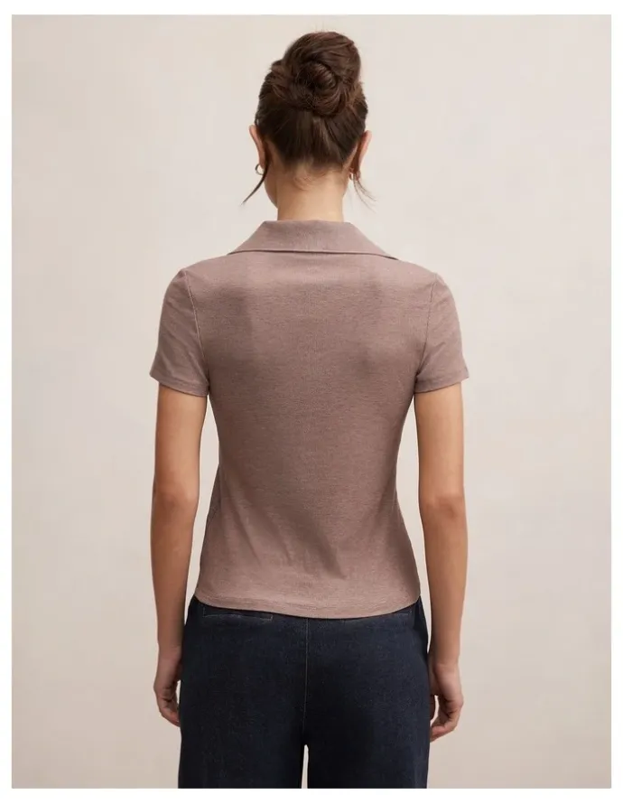 Forever New Aaliyah Ribbed Polo Top in Brown