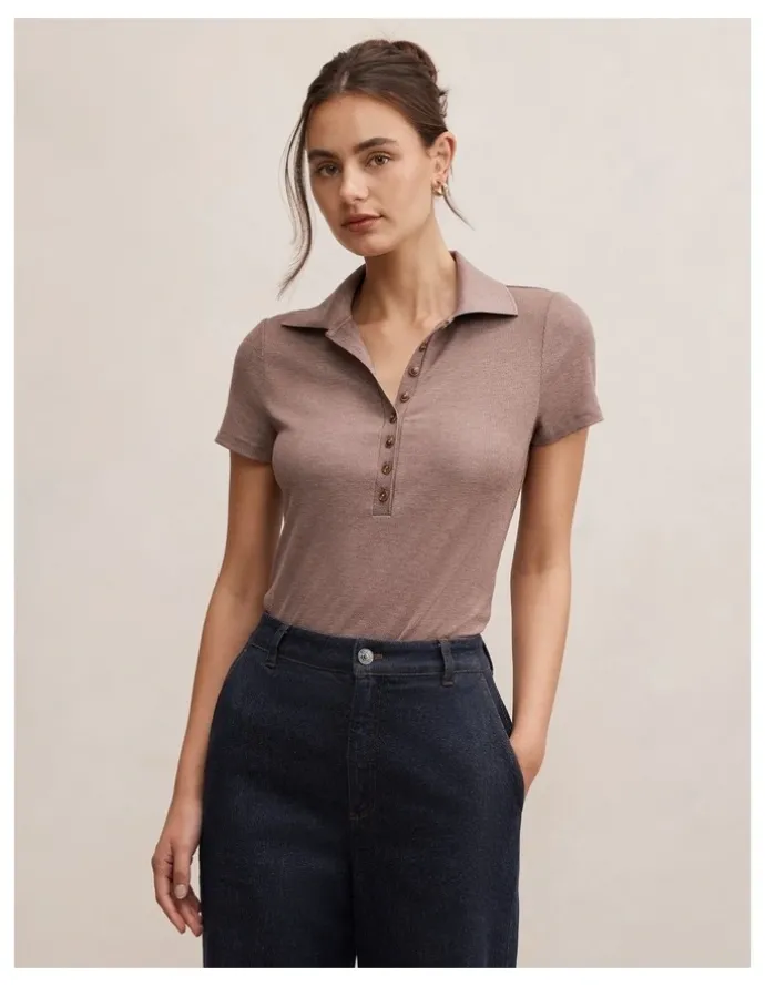 Forever New Aaliyah Ribbed Polo Top in Brown