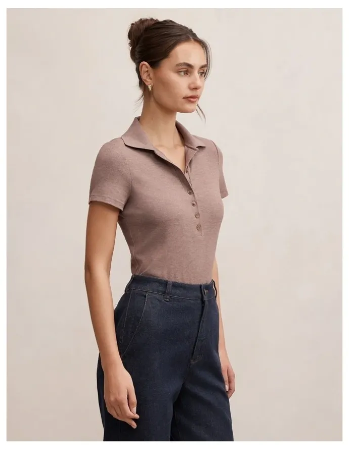 Forever New Aaliyah Ribbed Polo Top in Brown