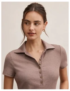 Forever New Aaliyah Ribbed Polo Top in Brown