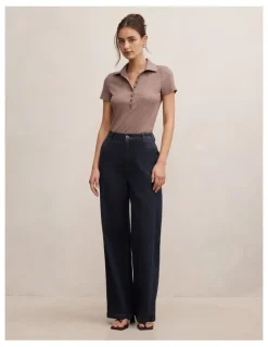 Forever New Aaliyah Ribbed Polo Top in Brown