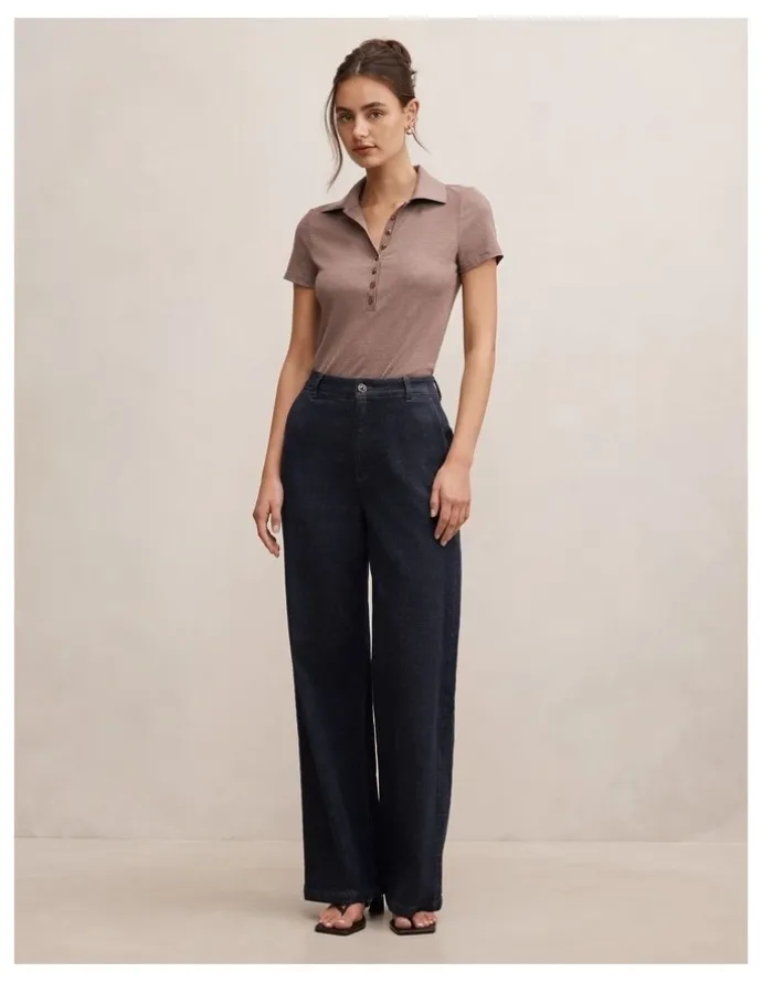 Forever New Aaliyah Ribbed Polo Top in Brown