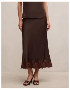 Forever New Adele Lace Trim Midi Skirt in Chocolate