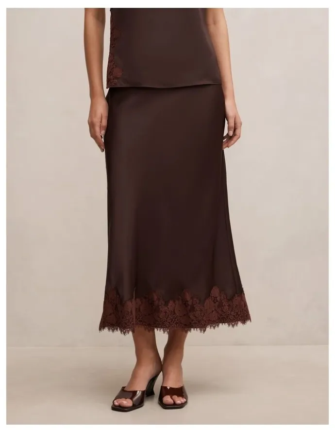 Forever New Adele Lace Trim Midi Skirt in Chocolate