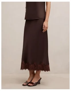 Forever New Adele Lace Trim Midi Skirt in Chocolate