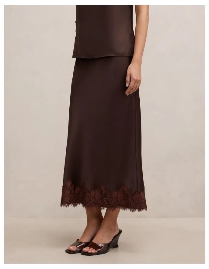 Forever New Adele Lace Trim Midi Skirt in Chocolate