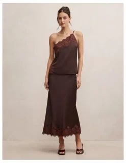 Forever New Adele Lace Trim Midi Skirt in Chocolate