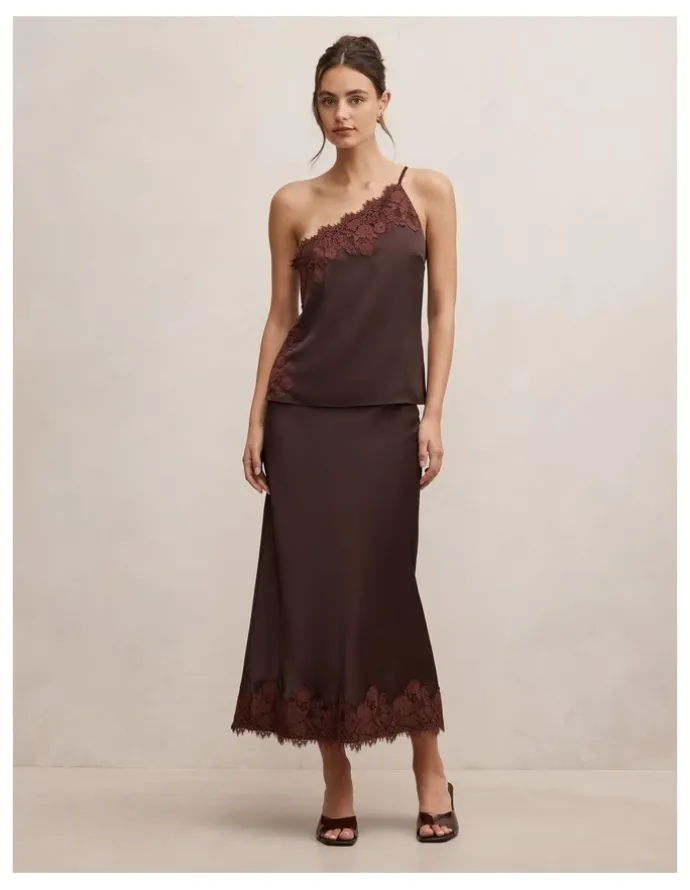 Forever New Adele Lace Trim Midi Skirt in Chocolate