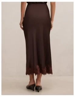 Forever New Adele Lace Trim Midi Skirt in Chocolate