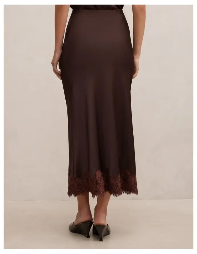 Forever New Adele Lace Trim Midi Skirt in Chocolate